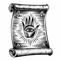 Mystical scroll with an eye and hand illustration, esoteric symbolism, tarot inspired design, art vector