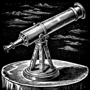 A telescope is on a table with a cloudy sky in the background vector