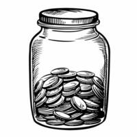 Vintage Hand Drawn Jar Filled with Coins Black and White Savings Illustration vector