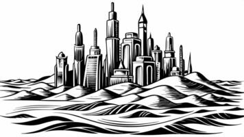 Abstract Cityscape Illustration with Waves and Skyscrapers in Monochrome vector
