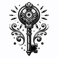 Ornate Vintage Key with Floral Elements and Abstract Patterns in Monochrome Style vector