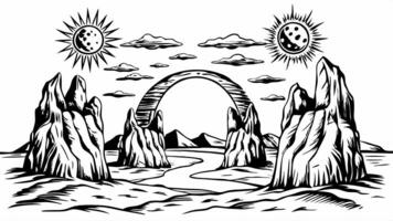 Surreal Monochrome Landscape with Two Suns and Rocky Terrain vector
