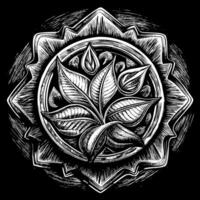 Hand Drawn Botanical Mandala with Leaves and Petals in Intricate Black and White Design vector