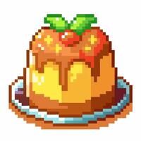 Pixel Art Style Custard Dessert with Fruit Topping and Caramel Drizzle vector