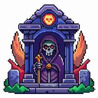 Pixel Art Grim Reaper in Gothic Shrine with Glowing Skull and Fiery Wings vector
