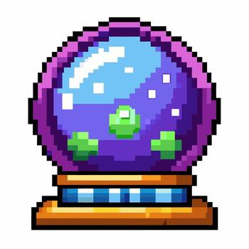 píxel Arte nieve globo con flotante verde objetos y púrpura antecedentes vector