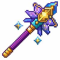 8 bit Magical Staff with Gemstone and Sparkles in Pixel Art Style vector