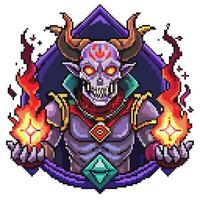 Pixel Art Demon Wizard with Flames and Glowing Eyes in Retro Game Style vector