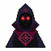 Pixel Art Hooded Figure with Glowing Eyes in Dark Robe Digital Retro Style Illustration vector