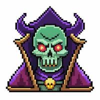 Pixel Art Green Skull with Red Eyes in Purple Cloak Retro Gaming Icon vector