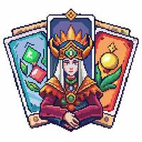 Pixel Art Tarot Card Design Featuring Medieval Queen with Bright Colors and Detailed Patterns vector