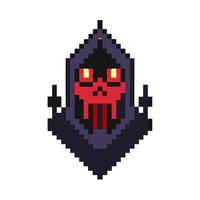 Retro Pixel Art of Hooded Figure with Red Skull Mask and Yellow Eyes in Dark Cloak vector