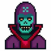 Pixel Art Character in Purple Hood and Red Cloak with Green Skull Face and Red Eyes vector