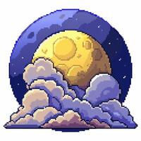 Pixel Art Moon and Clouds Illuminated Night Sky Digital Illustration vector