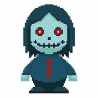 Pixel Art Dark Character with Blue Skin and Red Eyes in a Dark Outfit Halloween and Horror Theme vector