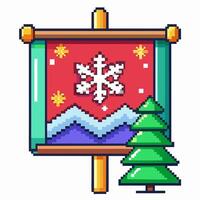 Pixel Art Winter Banner with Snowflake, Mountains, and Christmas Tree vector