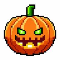 Pixel Art Halloween Pumpkin with Glowing Green Eyes and Spooky Face vector