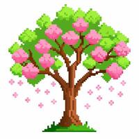 Vibrant Pixel Art Cherry Blossom Tree with Falling Petals in Spring Season vector