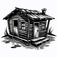 Rustic Wooden Cabin with Vintage Charm and Wooden Texture in Black and White Illustration vector
