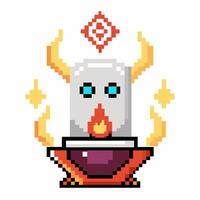 Retro Pixel Art Mystic Skull with Flames and Geometric Symbols on White Background vector
