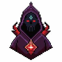 Pixel Art Hooded Skull Character with Red Gem and Dark Hood Cloak 8 Bit Design vector