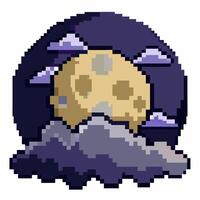 Pixel Art Full Moon with Clouds and Mountains Nostalgic 8 bit Night Scene vector