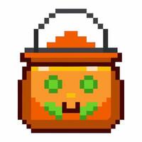 Pixel Art Halloween Pumpkin Bucket with Green Eyes and Smiling Face vector