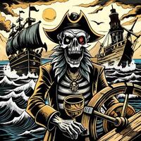 Menacing Pirate Skeleton Navigating Ghostly Ships on Rough Seas at Dusk vector