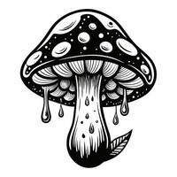 Intricate black and white illustration of a dripping mushroom with a leaf accent vector