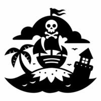 Silhouette Pirate Ship and Island with Palm Tree and Skull Flag vector