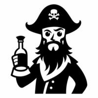 Pirate Character with Beard Holding Bottle in Black and White Clipart vector