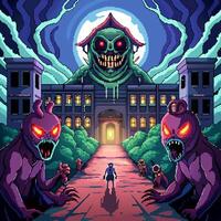 Spooky Pixel Art Haunted Mansion with Monsters in Vibrant Retro Style vector