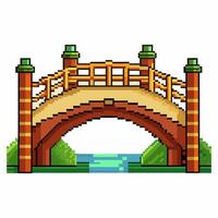 Pixel Art Bridge Over Stream with Verdant Scenery vector