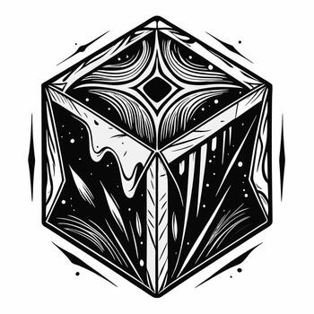 Abstract Black and White Cube with Geometric Patterns and Cosmic Elements vector