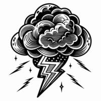 Intricate Thunderstorm Cloud Illustration with Lightning and Stars vector