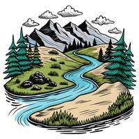 Scenic Landscape with River, Pine Trees, and Snow Capped Mountains Illustration vector