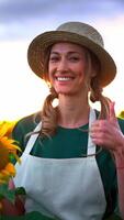 Smiling Farmer in Sunflower Field During Golden Hour Lighting video