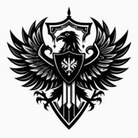 Intricate Black and White Eagle Crest with Shield and Wings Emblem Design vector