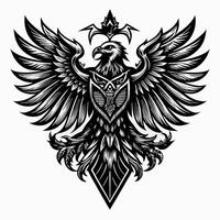 Intricate Black and White Eagle Emblem with Spread Wings and Detailed Feathers vector
