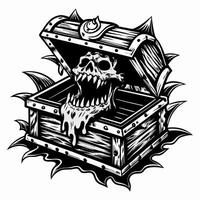 Creepy Skull Emerging from Spiked Treasure Chest in Gothic Black and White Art vector