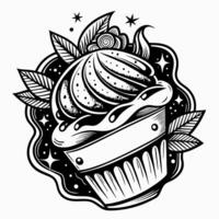 Intricate Black and White Cupcake Design with Floral and Celestial Elements vector
