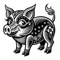 Intricate Black and White Pig Illustration with Floral Patterns and Geometric Details vector
