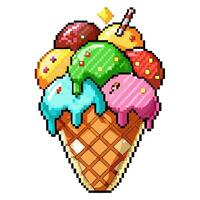 Colorful pixel art ice cream cone with scoops and sprinkles vector
