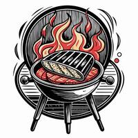 Retro BBQ Illustration Grilled Steak on Flaming Charcoal Grill in Vintage Style vector