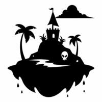 Silhouette of a Mysterious Island with Castle and Palm Trees in Black and White Style vector