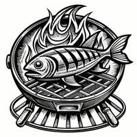 Retro Grilled Fish Illustration with Flames in Vintage Style vector