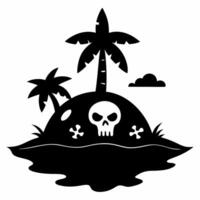 Silhouette of Deserted Island with Skulls and Palm Trees by the Shore vector