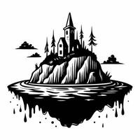 Floating Island with Church and Trees in Black and White Illustration vector