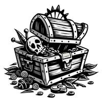 Open treasure chest with coins, skull, and leaves in a black and white illustration vector