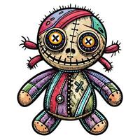 Colorful Patchwork Voodoo Doll with Button Eyes Whimsical and Artistic Design vector